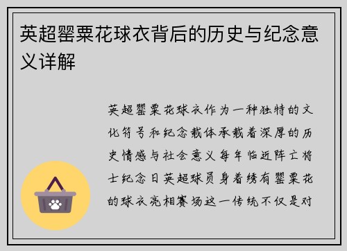 英超罂粟花球衣背后的历史与纪念意义详解