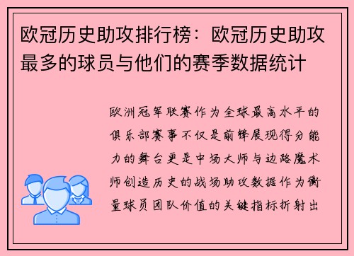 欧冠历史助攻排行榜：欧冠历史助攻最多的球员与他们的赛季数据统计